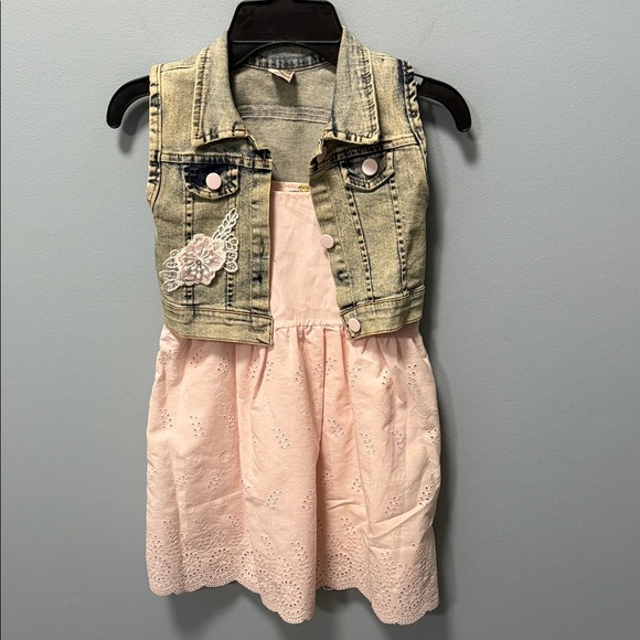 Pink Lace Dress with Denim Vest - Picture 1 of 10